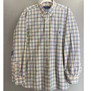 Ralph Lauren Men 2XB Big Plaid Button Down Shirt Yellow Blue Cotton Poplin Long